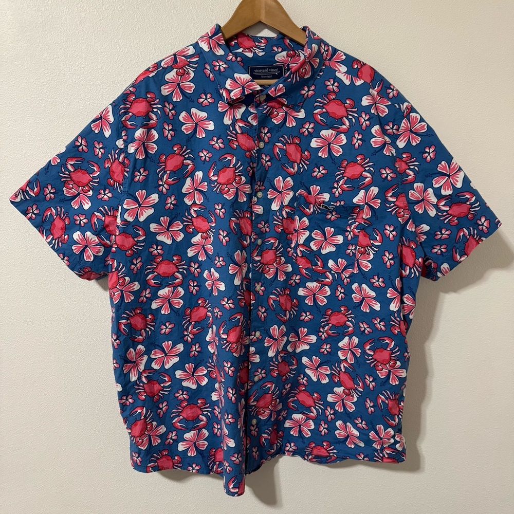 Vineyard Vines Chappy Crab Short Sleeve Button Down Shirt Blue Pink Floral-3XB